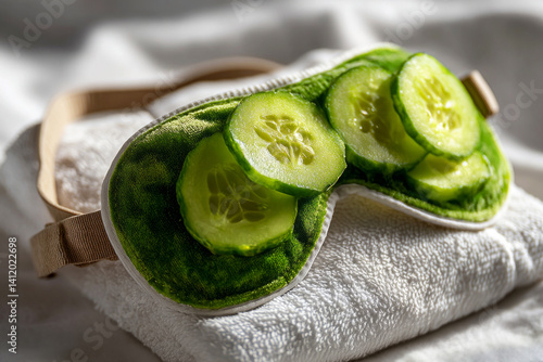 Obraz na płótnie Refreshing Eye Mask with Cucumber Slices on Soft Towel for Relaxation and Skin Care w salonie