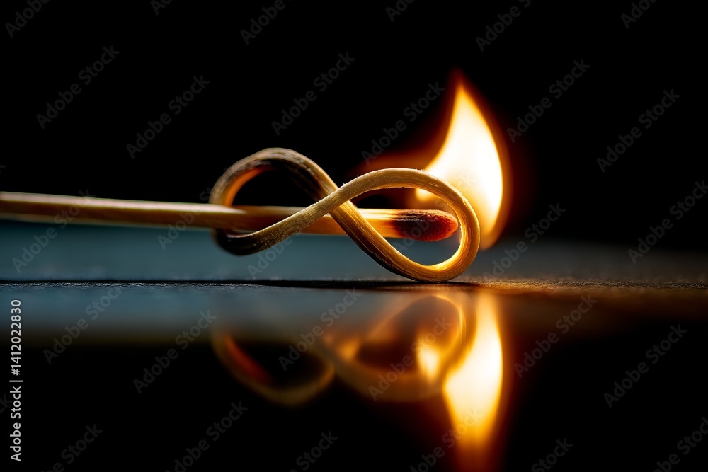 Burning matchstick in the shape of an infinity symbol on a reflective surface in dark background