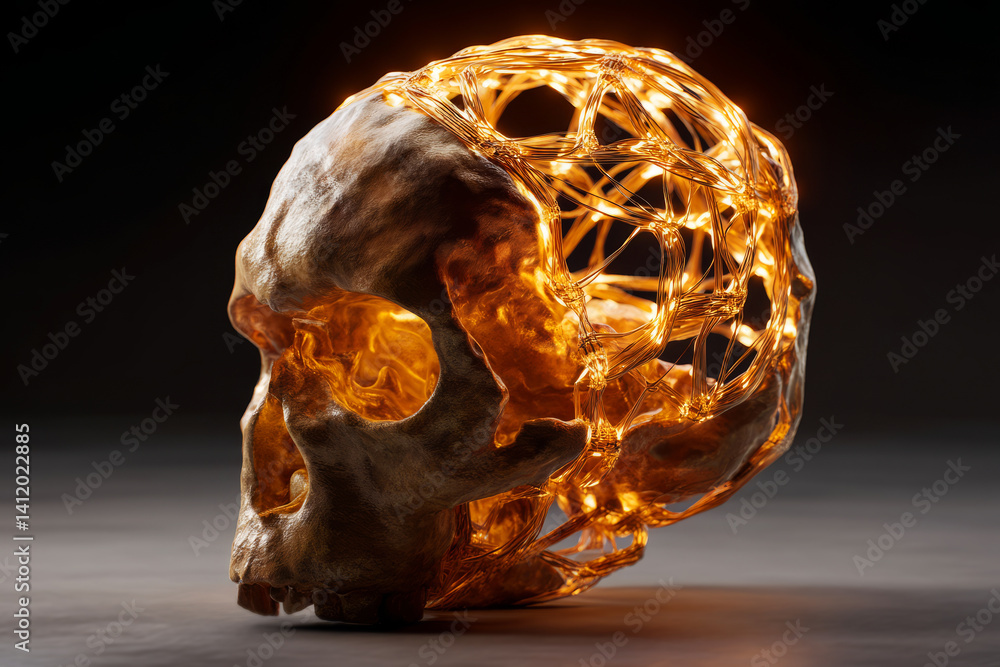 Artistic Skull Sculpture with Glowing Threads and Dark Background for Creative Concepts
