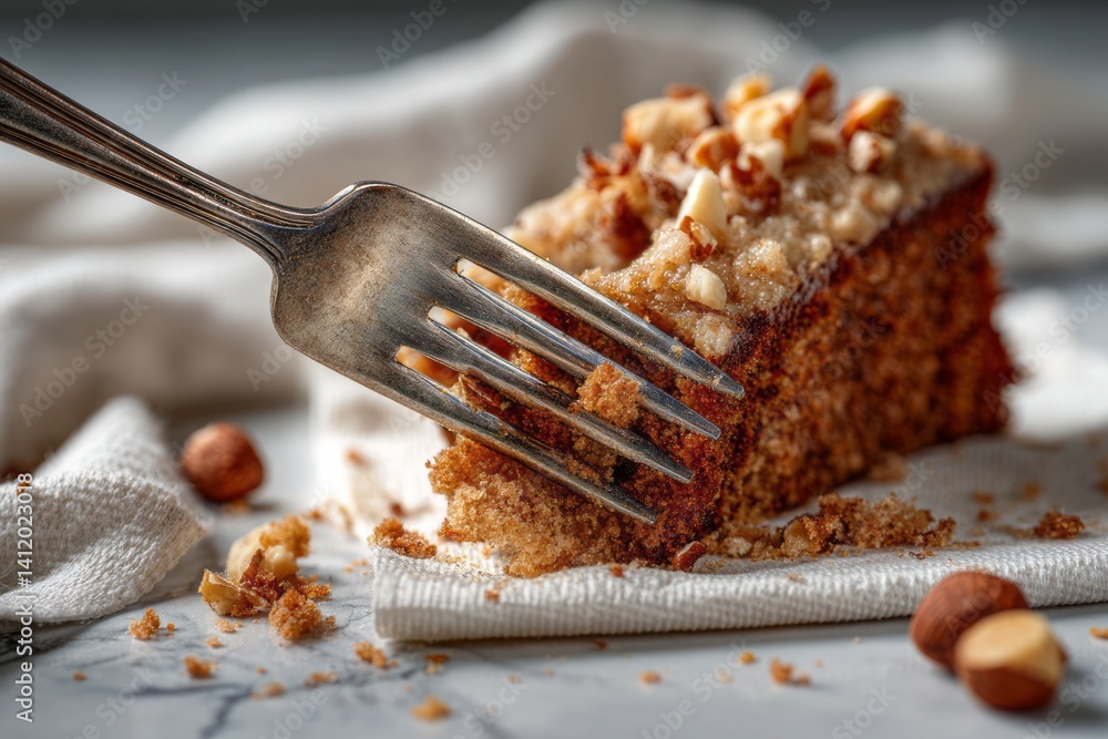 Deliciously Crumbly Cake with Nuts and Fork Ready to Enjoy a Sweet Dessert Delight