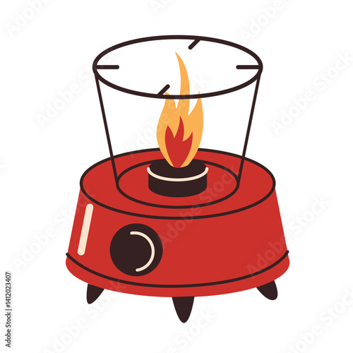 Portable gas stove with burner for outdoor activities. Camping equipment for hiking, camping, fishing, and expeditions. Vector illustration isolated on a white background
