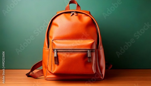 Orange Backpack on Wooden Surface Against Green Wall
