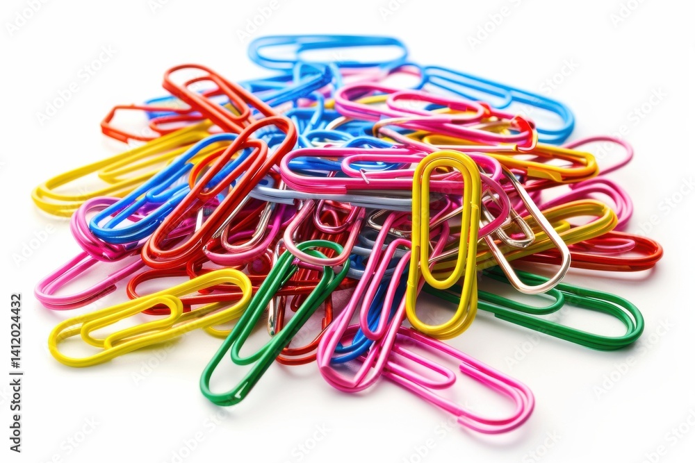 A vibrant collection of colorful paper clips scattered on a bright white surface isolated on transparent background A vibrant collection of colorful paper clips scattered on a bright white surface isolated on transparent background