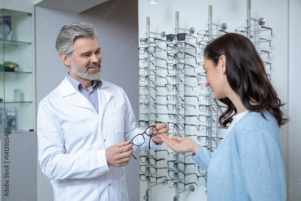 Obraz premium Female patient consulting optometrist in shop while selecting eyewear for sight correction