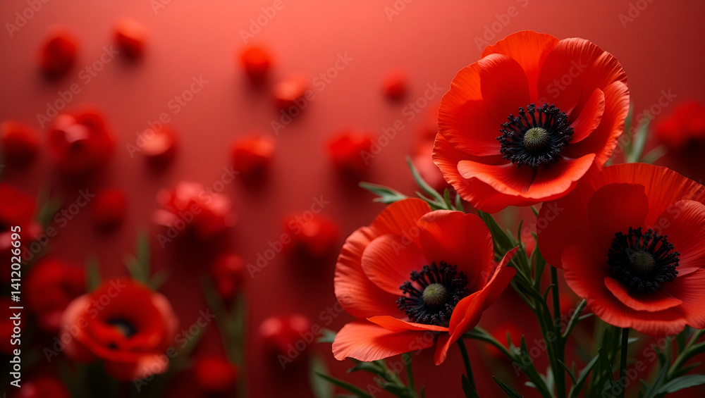 Obraz premium Elegant Memorial Day Tribute: Harmonious Red Poppies with Cultural Symbolism and Balanced Colors - Premium Photo Stock Concept with Left Space