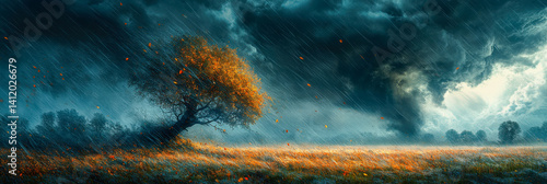Dramatic thunderstorm with dark clouds and golden tree swaying in the wind at dusk