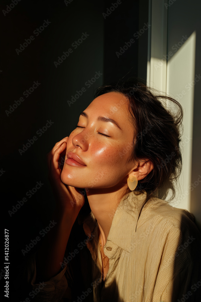 Morning skincare ritual featuring gua sha and SPF in sunny indoor setting Morning skincare ritual featuring gua sha and SPF in sunny indoor setting