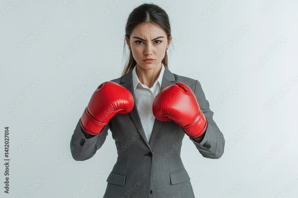 A determined businesswoman in a grey suit, wearing red boxing gloves, prepared for a challenge. A determined businesswoman in a grey suit, wearing red boxing gloves, prepared for a challenge.