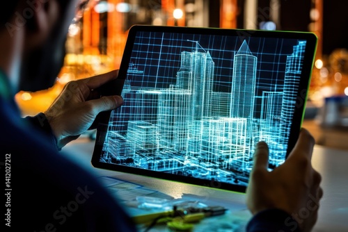 Construction workers use digital tech to plan a building project, with a digital twin model of the city displayed on a tablet.