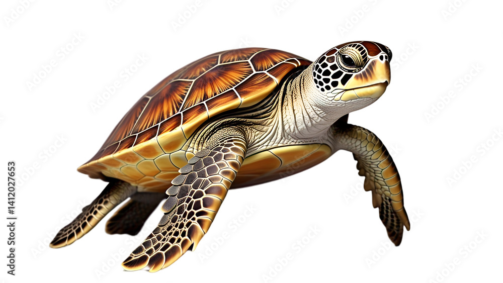 Fototapeta premium Detailed sea turtle swimming, top-down view, isolated on pure white