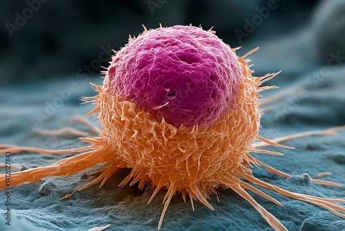 color-enhanced SEM style cancer cell, realistic texture, subtle shadows, not oversaturated