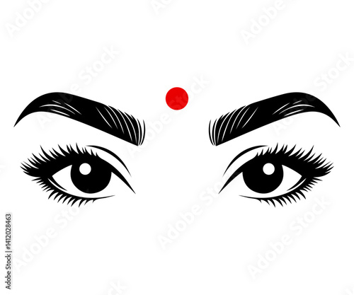 Bindi. Eyes Indian girls with bindi. Indian traditional red dot on the forehead. 