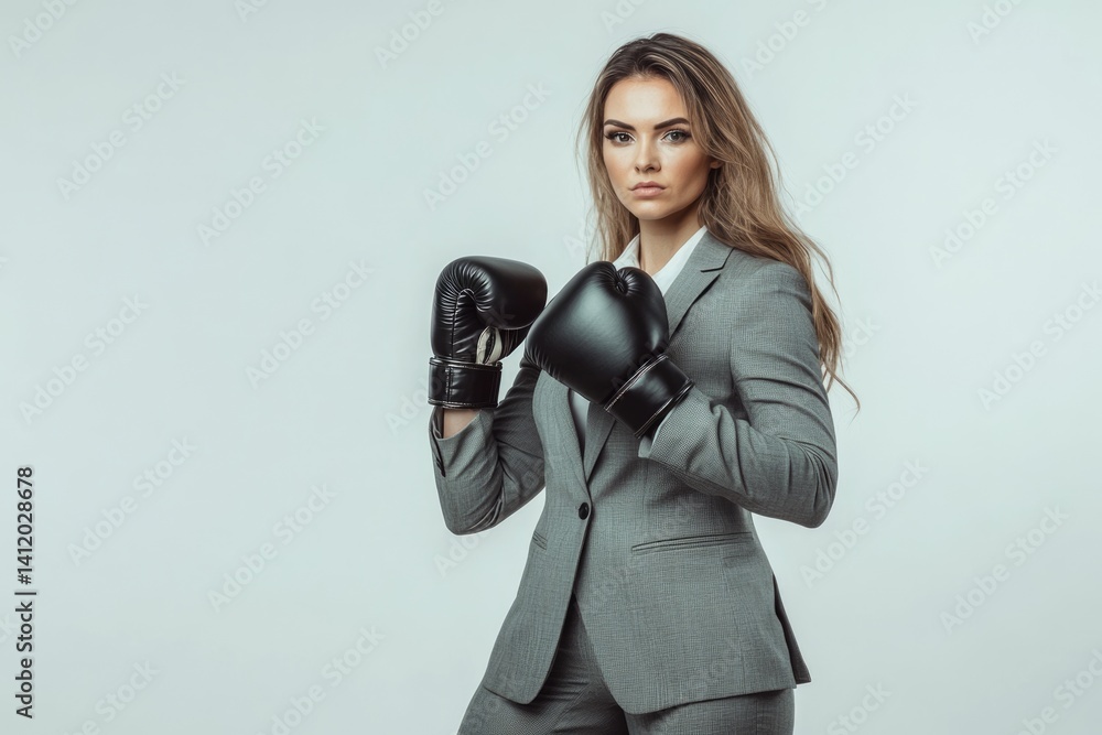 Fototapeta premium Confident businesswoman in a grey suit, ready to fight, wearing black boxing gloves.