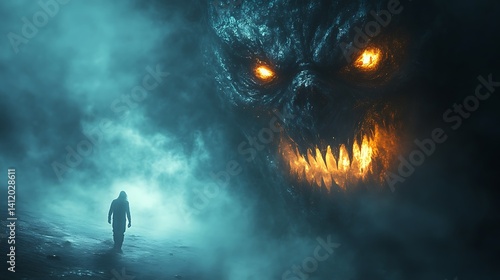 Man Facing A Giant Monster In A Misty Landscape Scary Photo
