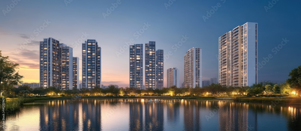 Obraz premium Dusk lakefront modern highrises