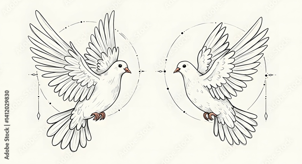 Obraz premium Two Flying Doves with Geometric Ornaments in Minimalist Line Art