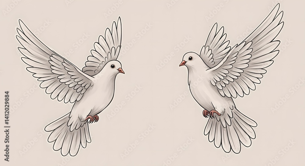Obraz premium Two White Doves Flying Sketch Illustration for Peace or Wedding