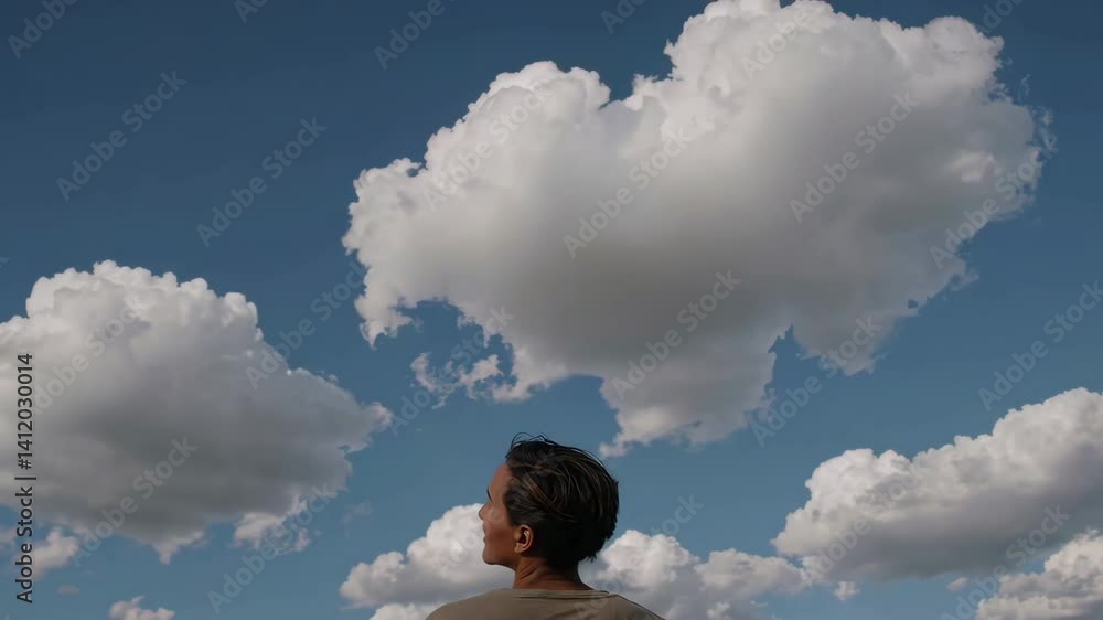 Man gazing at passing fluffy clouds under clear blue sky in tranquil outdoor scene