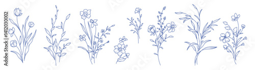 Hand drawn elegant floral botanical line art. Bouquets. Trendy elements of wild and garden flowers, branches, leaves, herbs. Vector illustration for logo, tattoo, invitation, save the date card, frame