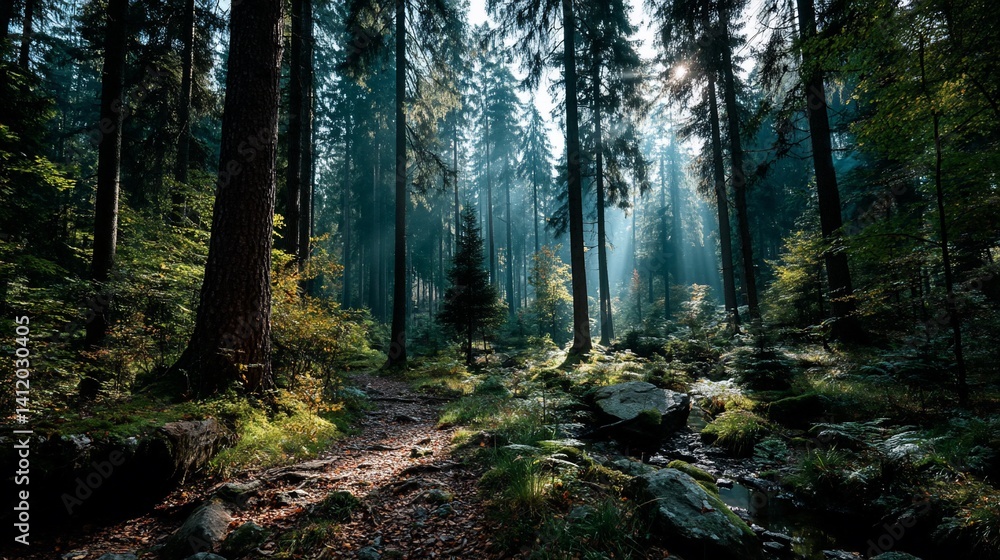 Fototapeta premium Sunlight filtering through a dense forest