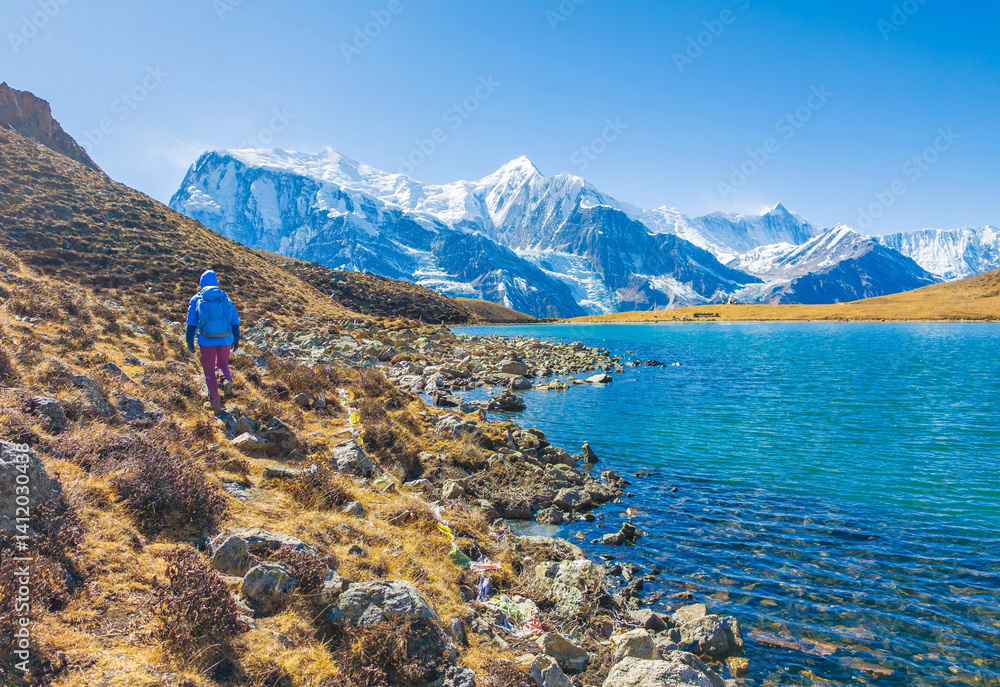 Himalayas, Nepal - The famous hiking on the roof of the world called Annapurna Circuit in the Himalaya range mountain, with little village, buddhist stupa and mountains of 8000 meters.