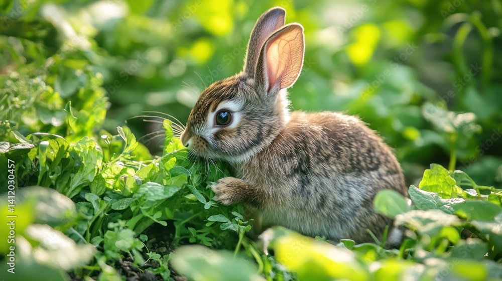 Fototapeta premium A small fluffy rabbit eating green plants in a sunny garden
