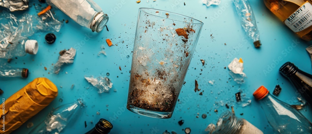 A dynamic image of a glass surrounded by various crumpled bottles and trash, highlighting issues of waste and recycling.
