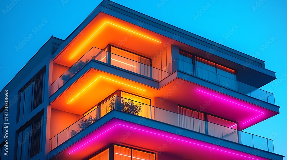 Modern Apartment Building With Balcony Illuminated By Vibrant Neon Lights At Night Photo Modern Apartment Building With Balcony Illuminated By Vibrant Neon Lights At Night Photo