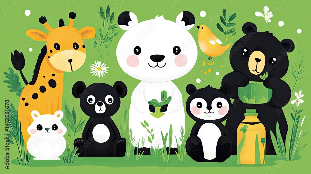 Naklejka premium Cute cartoon animals in a vibrant green setting.