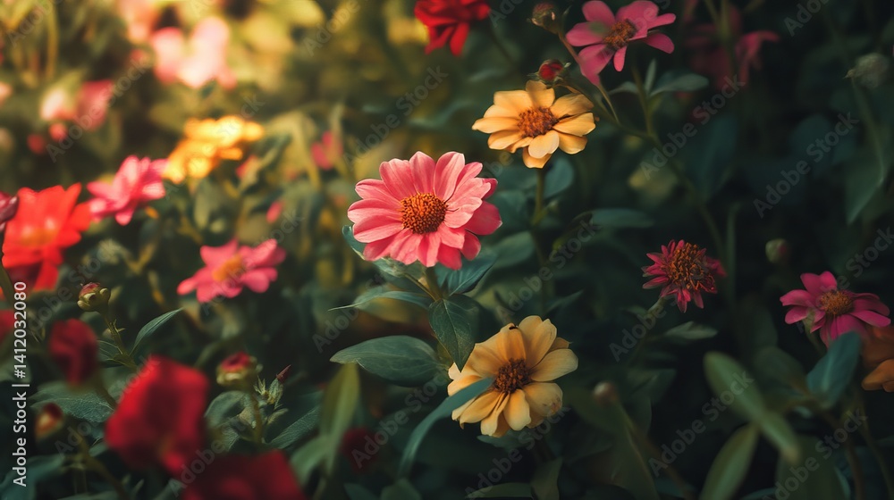 Vibrant pink and yellow zinnia flowers blooming in garden flora plant macro image fresh vivid scene Vibrant pink and yellow zinnia flowers blooming in garden flora plant macro image fresh vivid scene