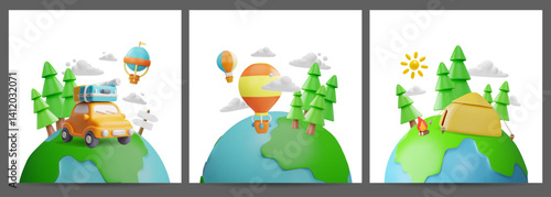 Summer travel by car, hot air balloon, camping with tent and bonfire, Earth nature 3D cartoon vector illustrations set