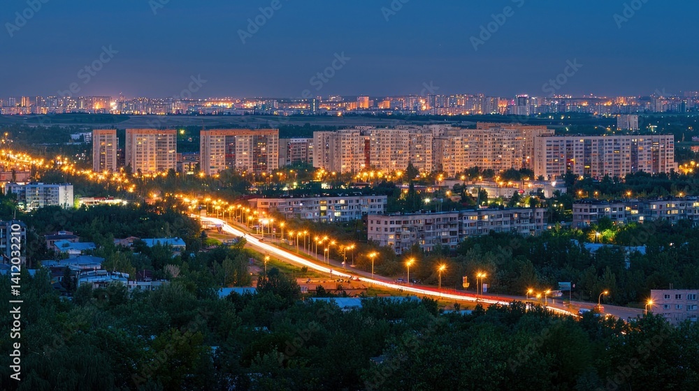 Fototapeta premium Night Cityscape: Illuminated Buildings and Highway