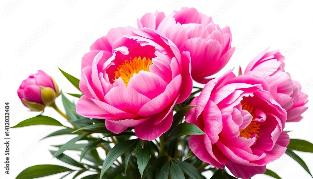 Obraz premium Luscious, vibrant pink peonies, lush petals, isolated on white, luxury, floral
