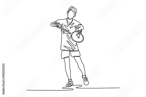 Continuous one line drawing professional badminton player in uniform stands holding racket and shuttlecock ready to serve. Sport activity on indoor court. Single line draw design vector illustration