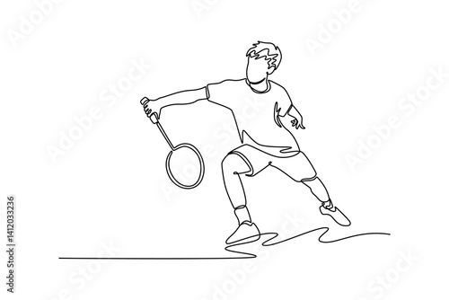 Continuous one line drawing male badminton player get ready to receive shuttlecock from opponent. Athlete are playing defense with backhand method. Single line draw design vector graphic illustration