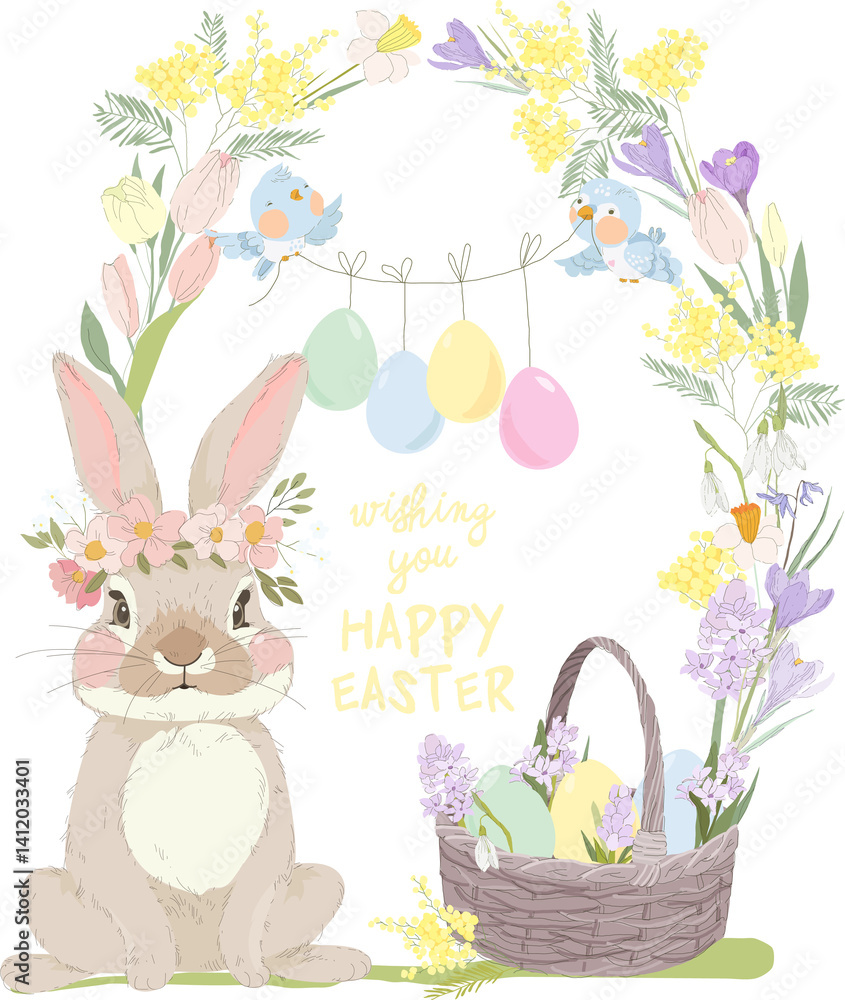 Happy Easter Greeting Card with Cute Bunny and Easter Eggs. Vector Illustration