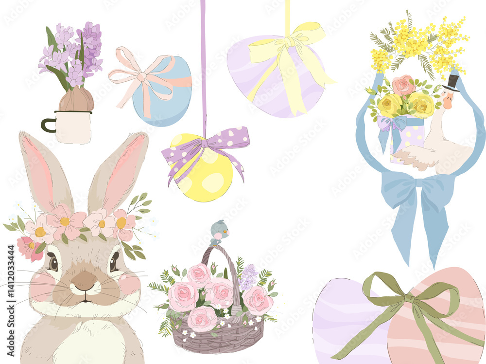 Happy Easter Set with Cute Bunny and Easter Elements. Vector Collection