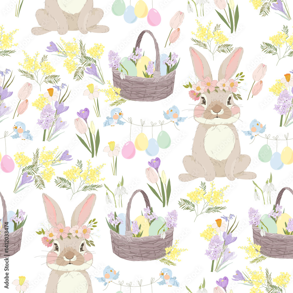 Vector Seamless Pattern with Easter Bunny and Easter Eggs