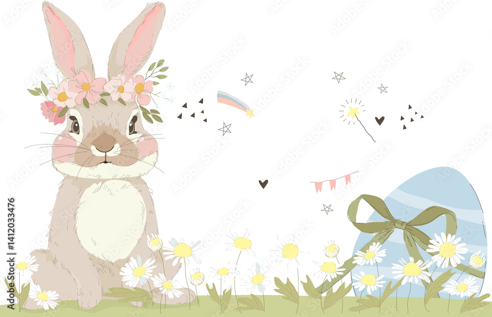 Happy Easter Greeting Card with Cute Bunny and Flowers. Vector Illustration