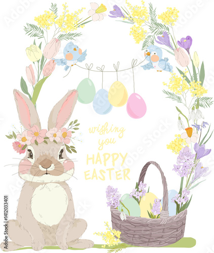 Obraz na płótnie Happy Easter Greeting Card with Cute Bunny and Easter Eggs. Vector Illustration w salonie