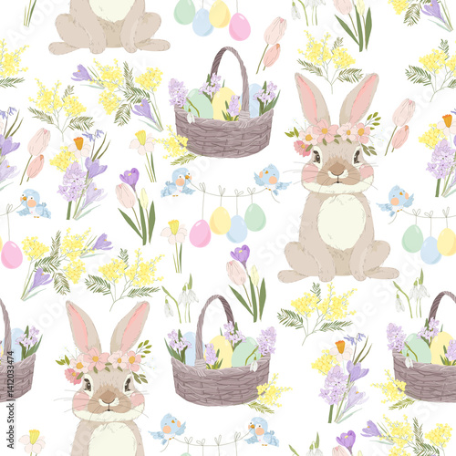 Obraz na płótnie Vector Seamless Pattern with Easter Bunny and Easter Eggs w salonie