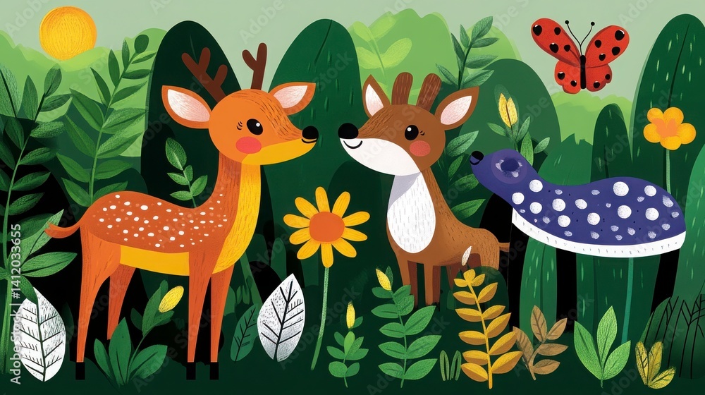 Playful Forest Animals and Vibrant Nature Scene with Flowers Playful Forest Animals and Vibrant Nature Scene with Flowers