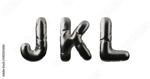 3D English alphabet uppercase letters J K L from black inflated balloon vector icon set, metallic Latin font type symbol
