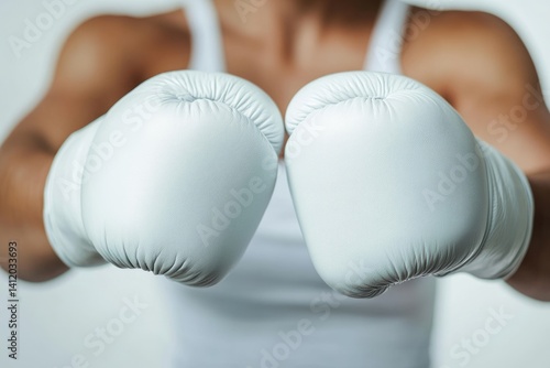 Close-up of a person's hands wearing white boxing gloves, ready for a fight.