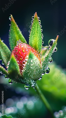 Wallpaper Mural Close-up of a dewdrop-covered strawberry bud surrounded by lush green leaves in a serene garden Torontodigital.ca