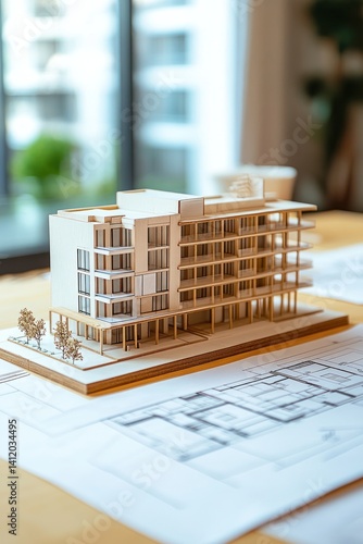 Detailed architectural model of a modern apartment complex placed on a table, surrounded by blueprints and design sketches.