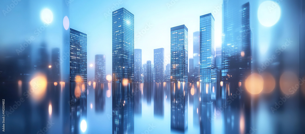 Obraz premium Futuristic Smart City Skyline with Reflections and Lights
