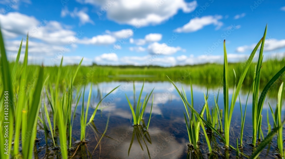 Fototapeta premium Lush Green Rice Field Reflected in Calm Water Under Blue Sky