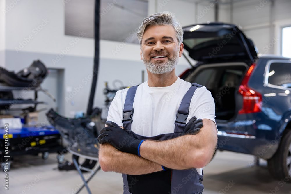 Gray haired mechanic in workshop checking and fixing automobile parts Gray haired mechanic in workshop checking and fixing automobile parts