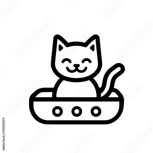 Cheerful cat sitting in a pet bed, happy design, minimalist line art on a white background